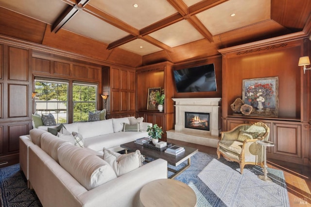 15 Kingswood Dr, Petaluma, CA 94952 - living area featuring coffered ceiling, a premium fireplace, wooden walls, beamed ceiling, and a decorative wall