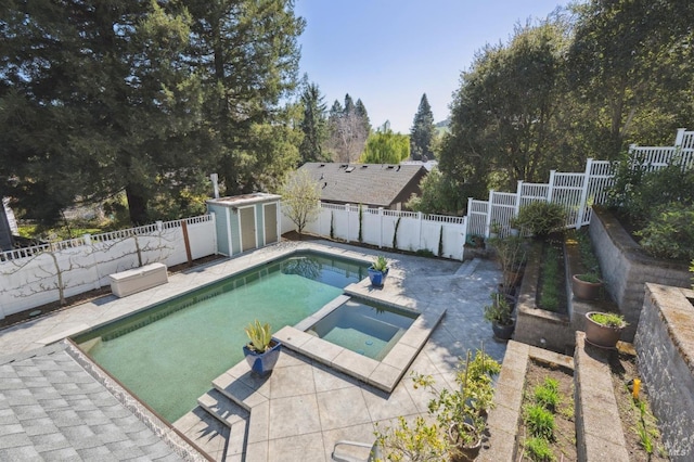15 Kingswood Dr, Petaluma, CA 94952 - view of swimming pool with a fenced backyard, a storage shed, a patio area, and a pool with connected hot tub