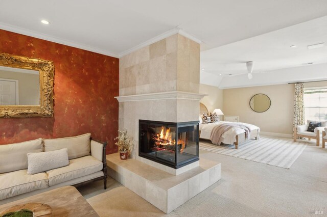 15 Kingswood Dr, Petaluma, CA 94952 - bedroom featuring a tiled fireplace, carpet, ornamental molding, and recessed lighting