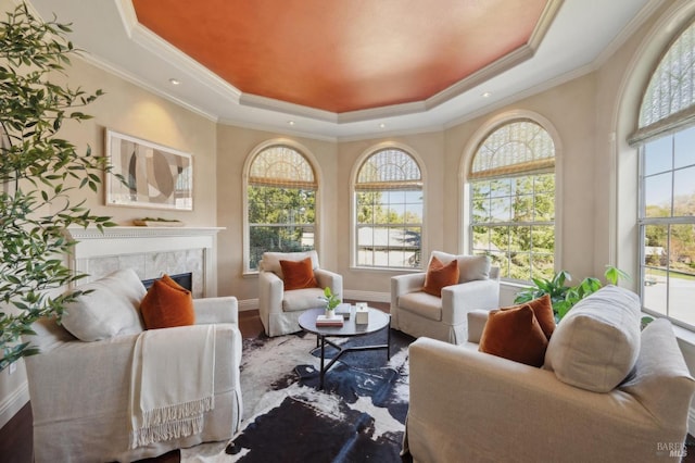 15 Kingswood Dr, Petaluma, CA 94952 - living room with a raised ceiling, wood finished floors, crown molding, and a premium fireplace