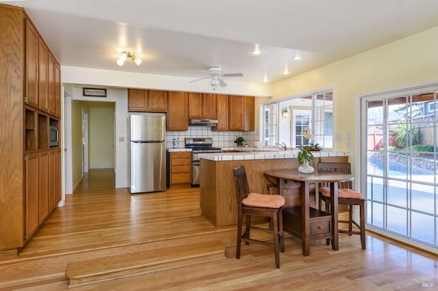 kitchen featuring brown cabinetry, a peninsula, stainless steel appliances, under cabinet range hood, and tasteful backsplash