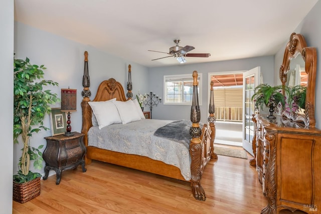 bedroom with light wood-style flooring and ceiling fan