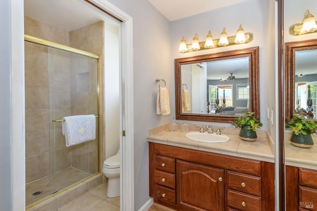 bathroom featuring vanity, a shower stall, ensuite bathroom, tile patterned floors, and toilet