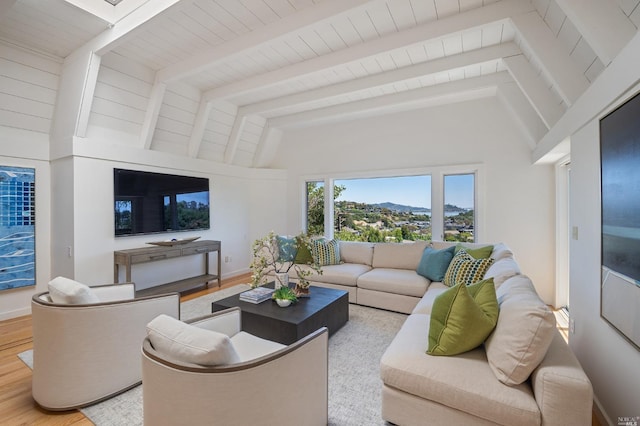 living area with lofted ceiling with skylight, baseboards, and wood finished floors