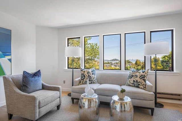 living area with plenty of natural light, wood finished floors, baseboards, and a baseboard radiator