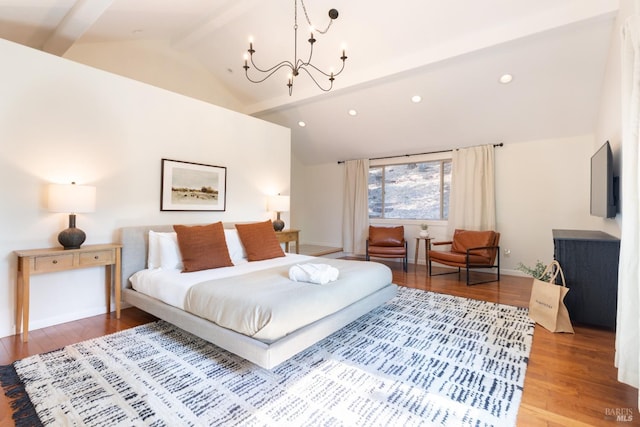 bedroom featuring lofted ceiling with beams, wood finished floors, recessed lighting, baseboards, and a chandelier