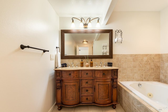 full bath with tile patterned floors, a whirlpool tub, double vanity, and a sink