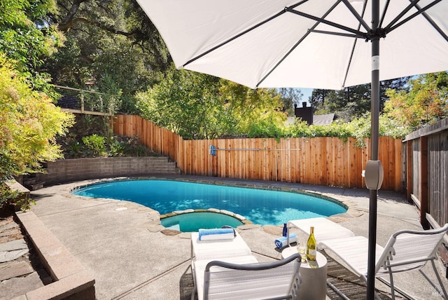 view of pool with a patio, a pool with connected hot tub, and a fenced backyard