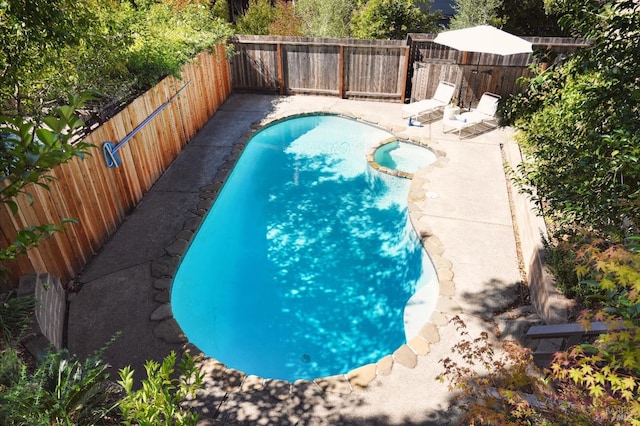 view of swimming pool featuring a patio area, a fenced backyard, and a fenced in pool