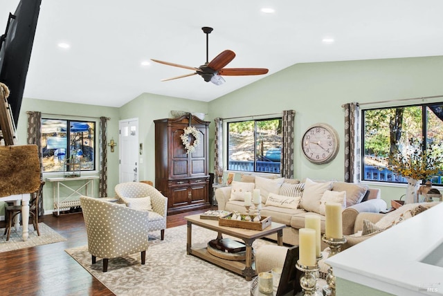 living room with recessed lighting, wood finished floors, ceiling fan, and vaulted ceiling