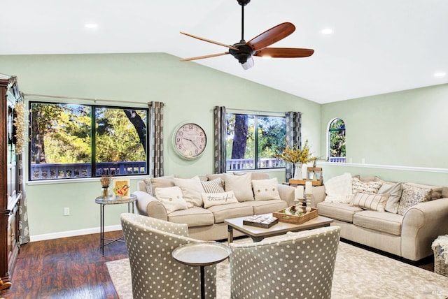 living room with wood finished floors, recessed lighting, baseboards, ceiling fan, and vaulted ceiling