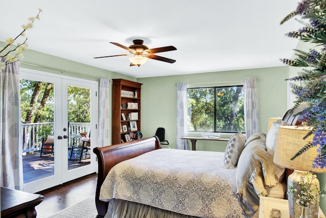 bedroom with access to exterior, wood finished floors, french doors, and ceiling fan