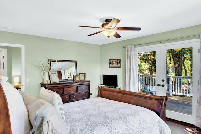 bedroom with access to exterior, french doors, and ceiling fan