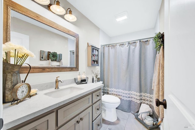 bathroom featuring vanity, curtained shower, toilet, and tile patterned flooring