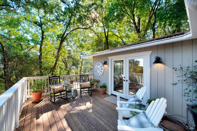 wooden terrace featuring french doors