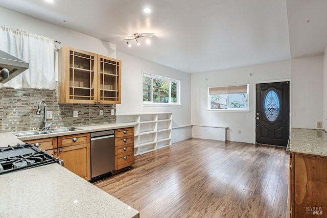 kitchen with a sink, light wood-type flooring, backsplash, and dishwasher