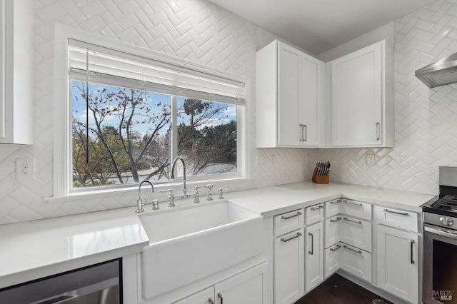 kitchen with a wealth of natural light, white cabinets, stainless steel appliances, and a sink