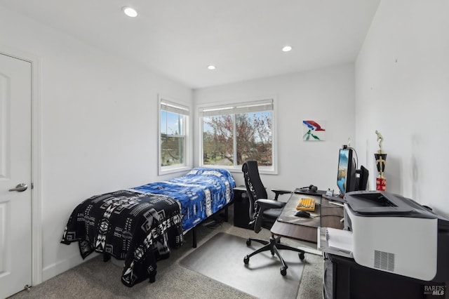 bedroom featuring recessed lighting and carpet floors