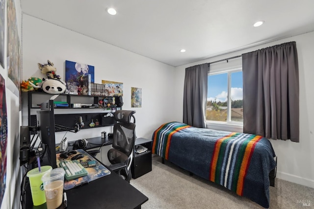 bedroom with recessed lighting, baseboards, and carpet floors