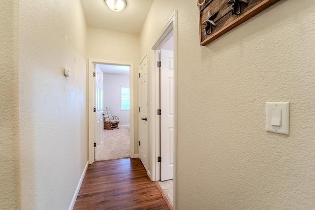 hall featuring baseboards, wood finished floors, and a textured wall