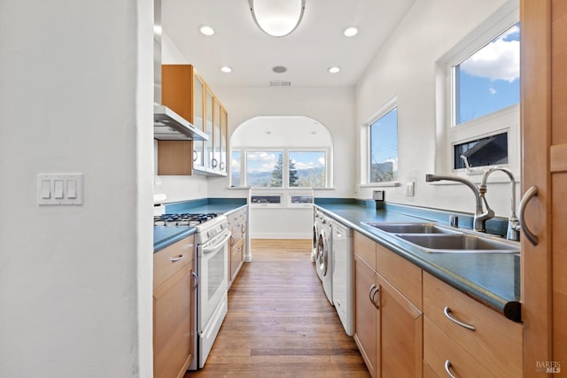 kitchen featuring light wood finished floors, visible vents, white gas range, recessed lighting, and a sink