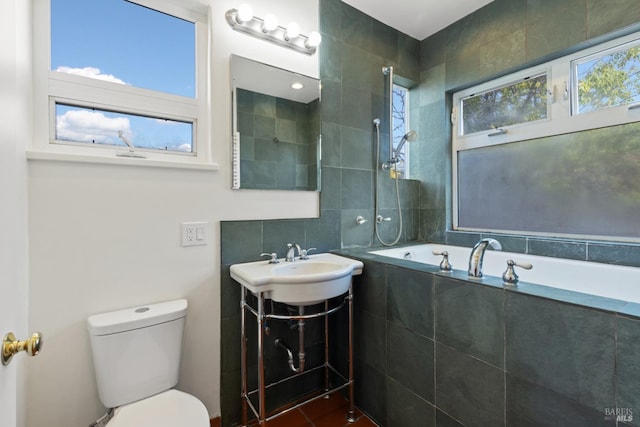 bathroom featuring tiled bath, toilet, a healthy amount of sunlight, and vanity