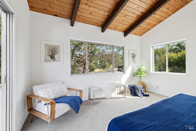 carpeted bedroom featuring wooden ceiling, multiple windows, vaulted ceiling with beams, and baseboards