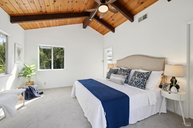 carpeted bedroom with lofted ceiling with beams, multiple windows, visible vents, and wooden ceiling