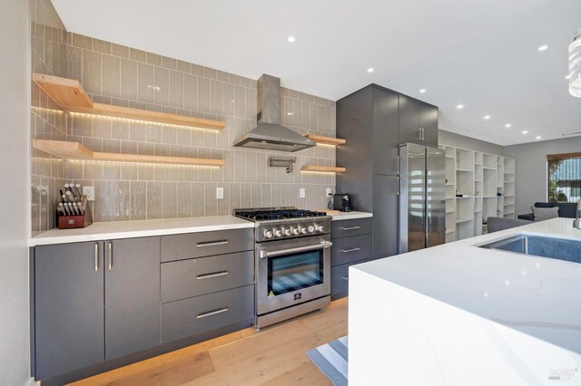 kitchen featuring appliances with stainless steel finishes, wall chimney exhaust hood, and gray cabinetry