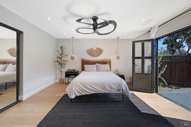 bedroom with recessed lighting, visible vents, light wood-style flooring, and baseboards