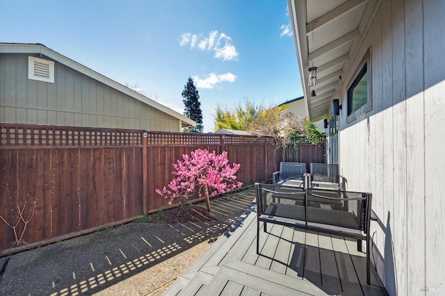 wooden deck featuring a fenced backyard