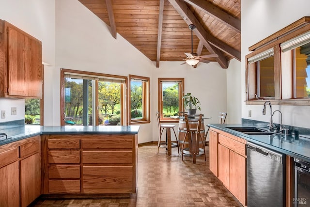 11747 Creek Hollow Rd, Healdsburg, CA 95448 - kitchen with dishwashing machine, wood ceiling with exposed beams, a sink, a peninsula, and dark countertops