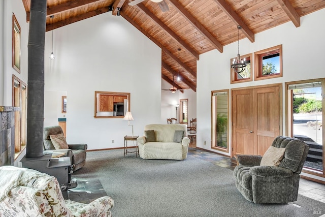 11747 Creek Hollow Rd, Healdsburg, CA 95448 - living area with wood ceiling with exposed beams, high vaulted ceiling, a chandelier, a ceiling fan, and carpet flooring