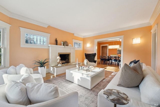 living area with light wood finished floors, ornamental molding, a healthy amount of sunlight, and a tile fireplace