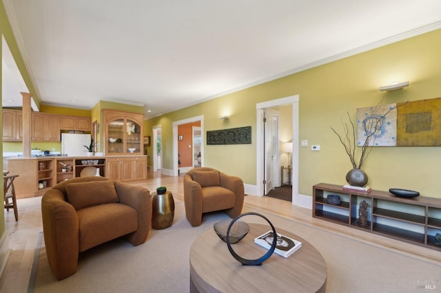 living area with baseboards and crown molding