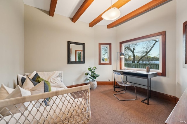 bedroom featuring carpet flooring, beamed ceiling, and baseboards