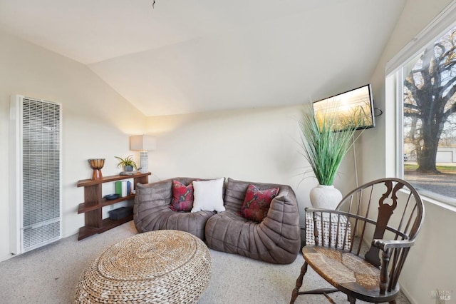 living room with baseboards, carpet flooring, a heating unit, and vaulted ceiling