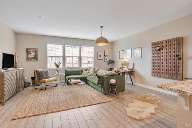 living area featuring baseboards and wood finished floors