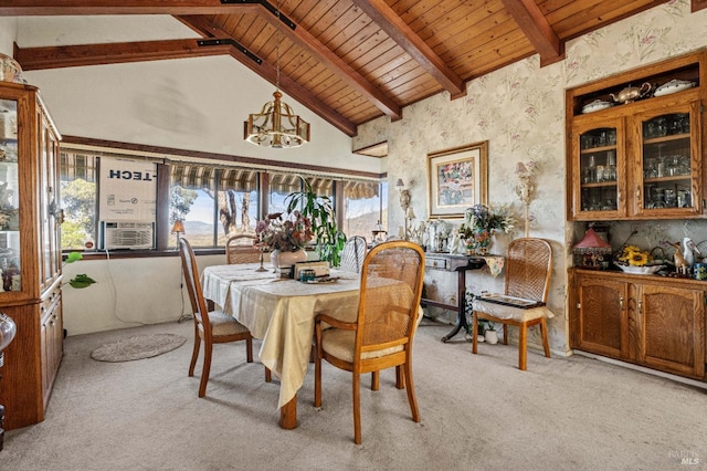 dining room with a chandelier, wood ceiling, beam ceiling, light carpet, and cooling unit