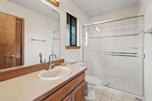 full bathroom with tile patterned flooring, visible vents, a shower stall, toilet, and vanity