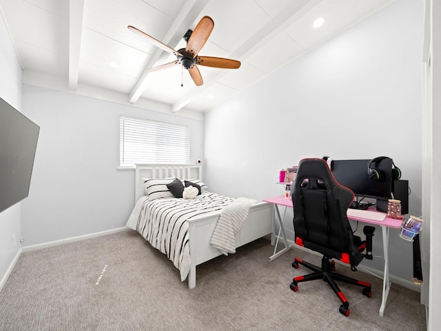 carpeted bedroom with recessed lighting, baseboards, beam ceiling, and a ceiling fan