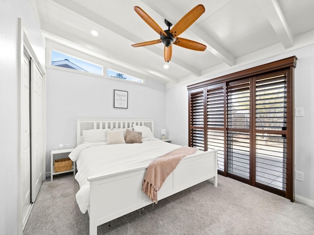 carpeted bedroom featuring a ceiling fan, baseboards, vaulted ceiling with beams, recessed lighting, and access to exterior