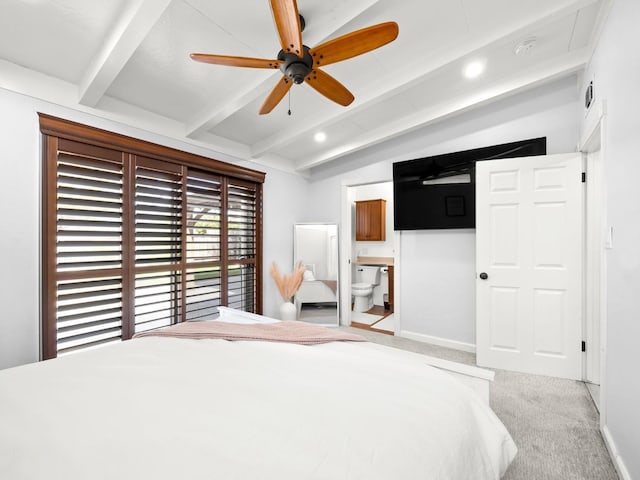 unfurnished bedroom featuring baseboards, ensuite bath, vaulted ceiling with beams, recessed lighting, and light carpet