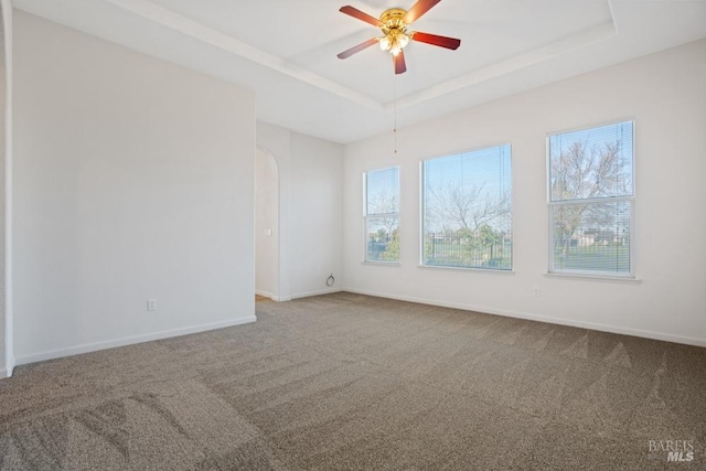 unfurnished room with a raised ceiling, a healthy amount of sunlight, carpet flooring, and a ceiling fan