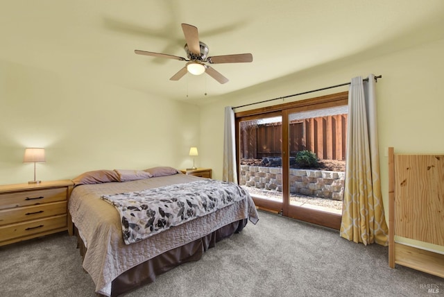 bedroom with carpet floors, a ceiling fan, and access to outside