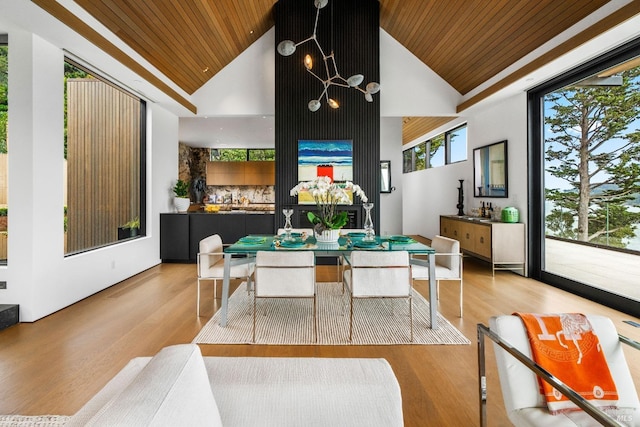 dining area with high vaulted ceiling, wood ceiling, and wood finished floors