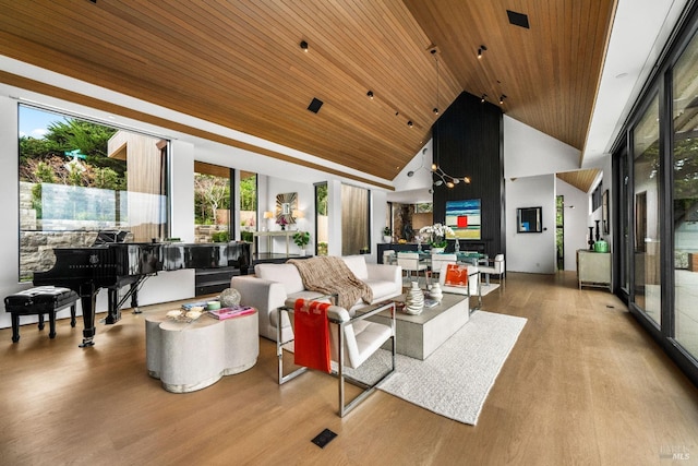 living room featuring high vaulted ceiling, wood finished floors, and wooden ceiling