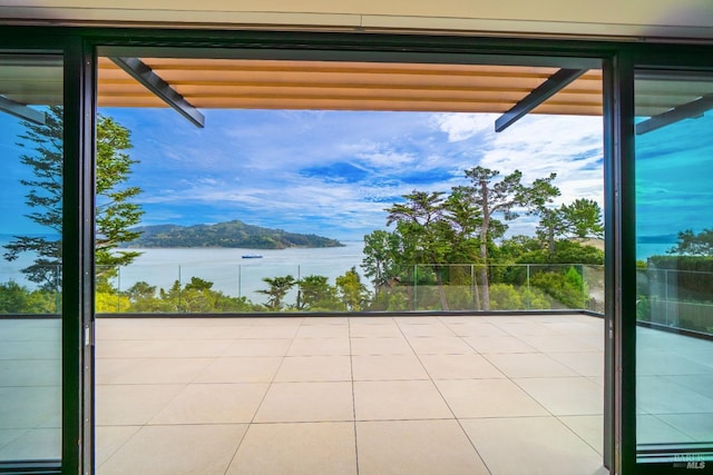 interior space featuring a water view