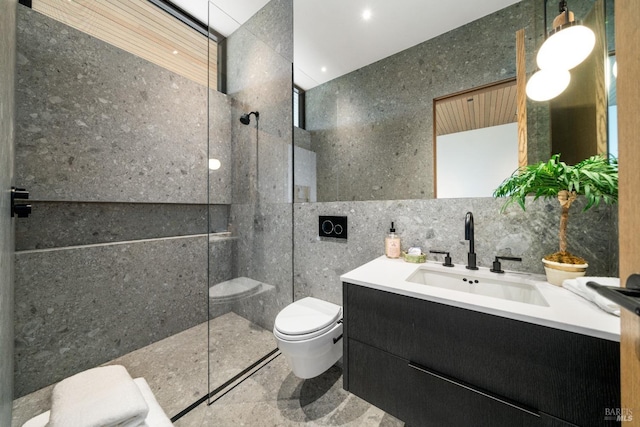 bathroom with tasteful backsplash, walk in shower, toilet, vanity, and tile walls