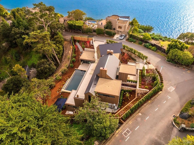 aerial view featuring a water view